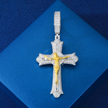 MOISSANITE ICED OUT JESUS CRUCIFIX CROSS PENDANT IN STERLING SILVER