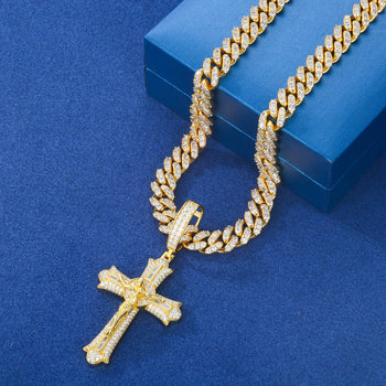 MOISSANITE ICED OUT JESUS CRUCIFIX CROSS PENDANT IN STERLING SILVER