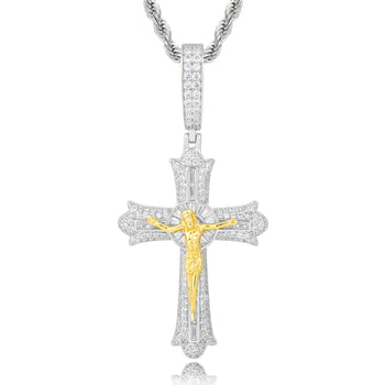 MOISSANITE ICED OUT JESUS CRUCIFIX CROSS PENDANT IN STERLING SILVER