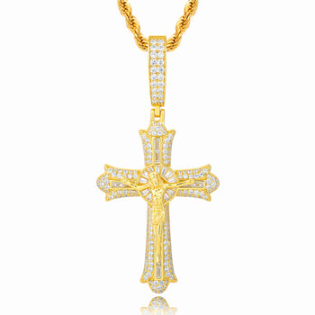 MOISSANITE ICED OUT JESUS CRUCIFIX CROSS PENDANT IN STERLING SILVER