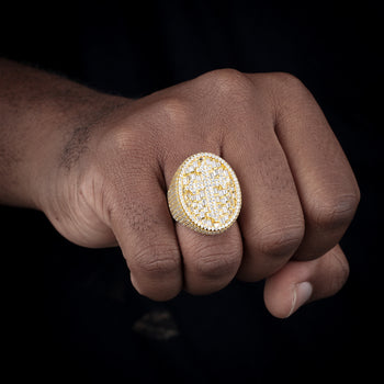 MOISSANITE ICED OUT CROSS OVAL RING IN STERLING SILVER