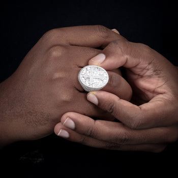 MOISSANITE ICED OUT CROSS OVAL RING IN STERLING SILVER