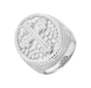 MOISSANITE ICED OUT CROSS OVAL RING IN STERLING SILVER