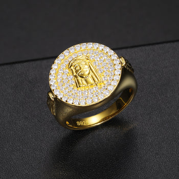 Bague chevalière Jésus en moissanite et argent sterling