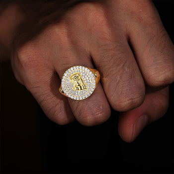 Bague chevalière Jésus en moissanite et argent sterling