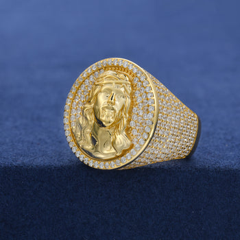 Bague chevalière Jésus en moissanite et argent sterling (style 2)