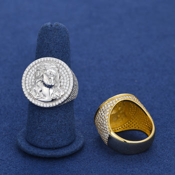 Bague chevalière Jésus en moissanite et argent sterling (style 2)