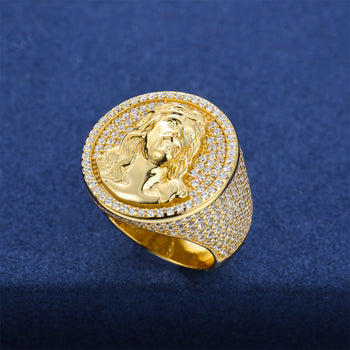 Bague chevalière Jésus en moissanite et argent sterling (style 2)