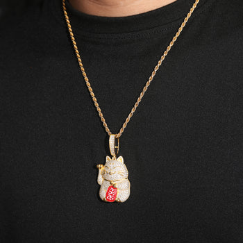 Pendentif chat porte-bonheur en moissanite et argent sterling