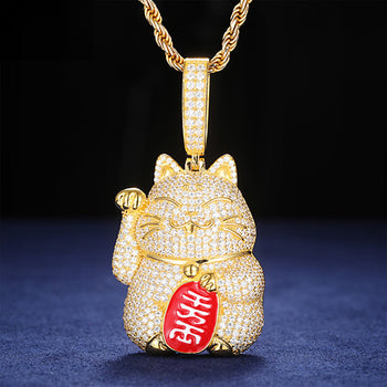 Pendentif chat porte-bonheur en moissanite et argent sterling