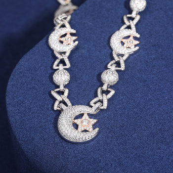 MOISSANITE MOON AND STAR CUBAN LINK CHAIN NECKLACE/BRACELET IN STERLING SILVER