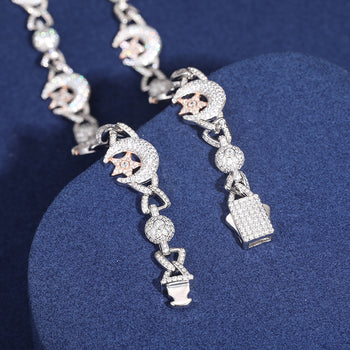 MOISSANITE MOON AND STAR CUBAN LINK CHAIN NECKLACE/BRACELET IN STERLING SILVER