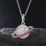 MOISSANITE PINK PLANET SATURN PENDANT NECKLACE IN STERLING SILVER