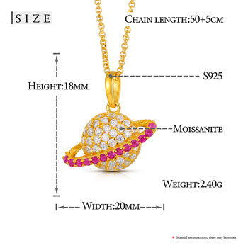 COLLIER PENDENTIF PLANÈTE SATURNE ROSE EN ARGENT MASSIF ET MOISSANITE