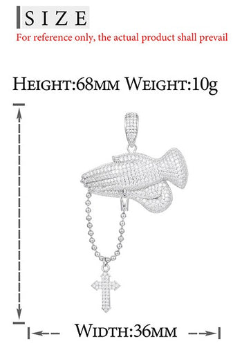 Collier pendentif croix mains en prière en moissanite et argent sterling