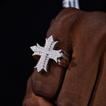 MOISSANITE PRONG SETTING HIP HOP CROSS RING IN STERLING SILVER