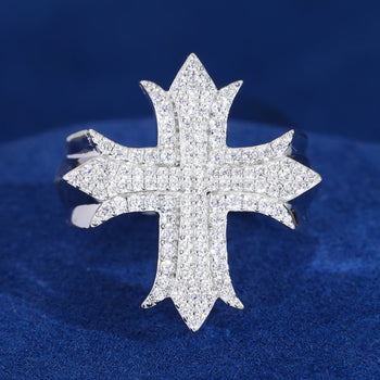 MOISSANITE PRONG SETTING HIP HOP CROSS RING IN STERLING SILVER