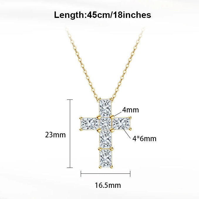 Gold cross necklace with diamond-like stones, measurements, and product details on a white background.