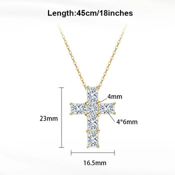 Gold cross necklace with diamond-like stones, measurements, and product details on a white background.