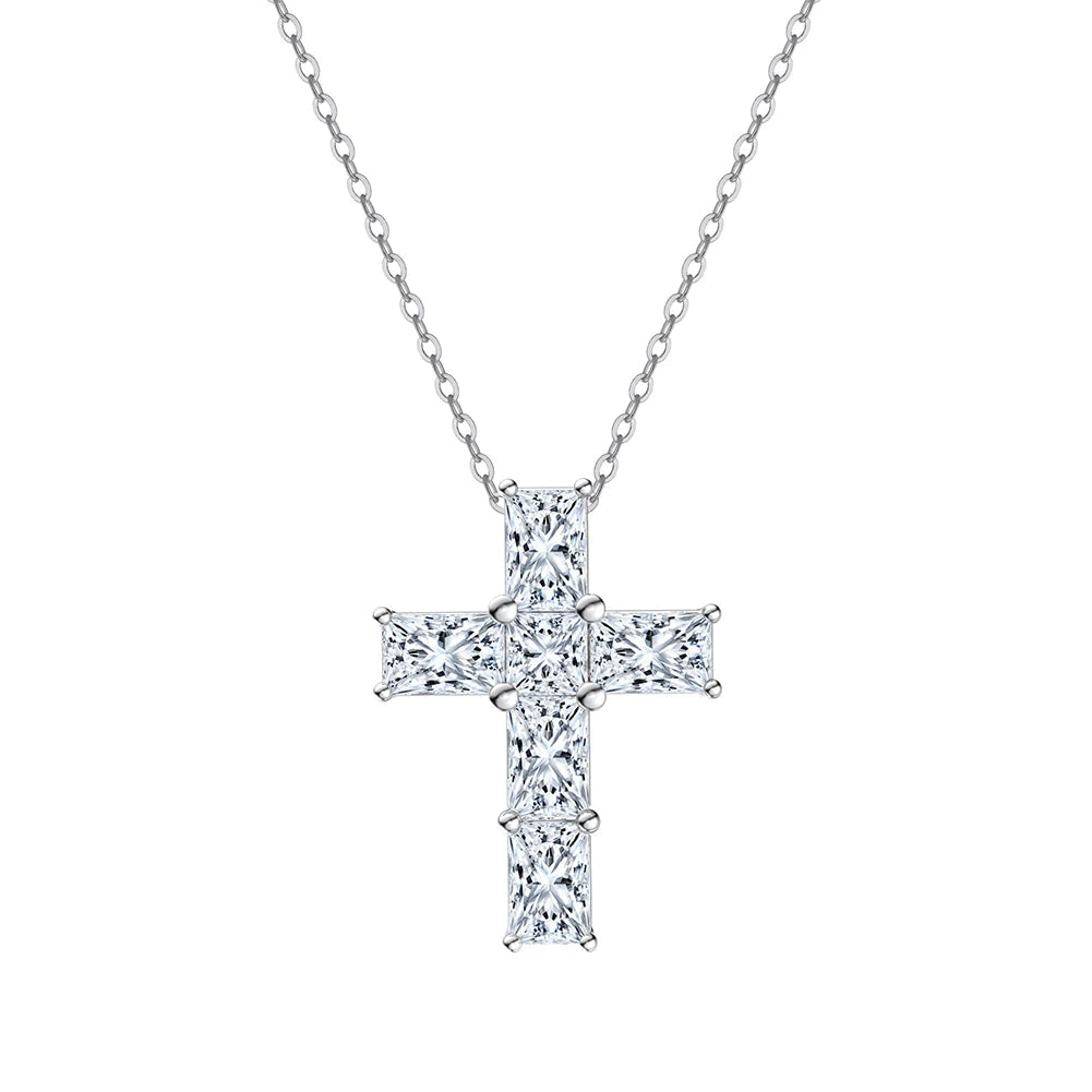 Silver cross pendant necklace with 'Real Sterling 925' stamp on a white background