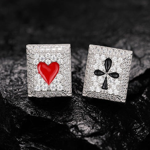 MOISSANITE RED HEART AND BLACK CLUB EARRINGS IN STERLING SILVER