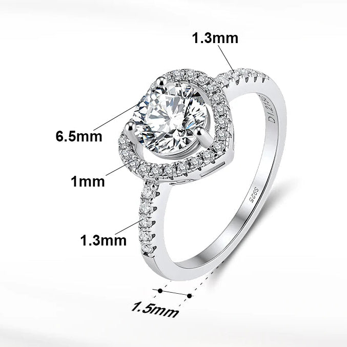 Silver ring with diamond details and product information on a white background