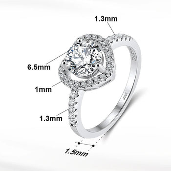 Silver ring with diamond details and product information on a white background