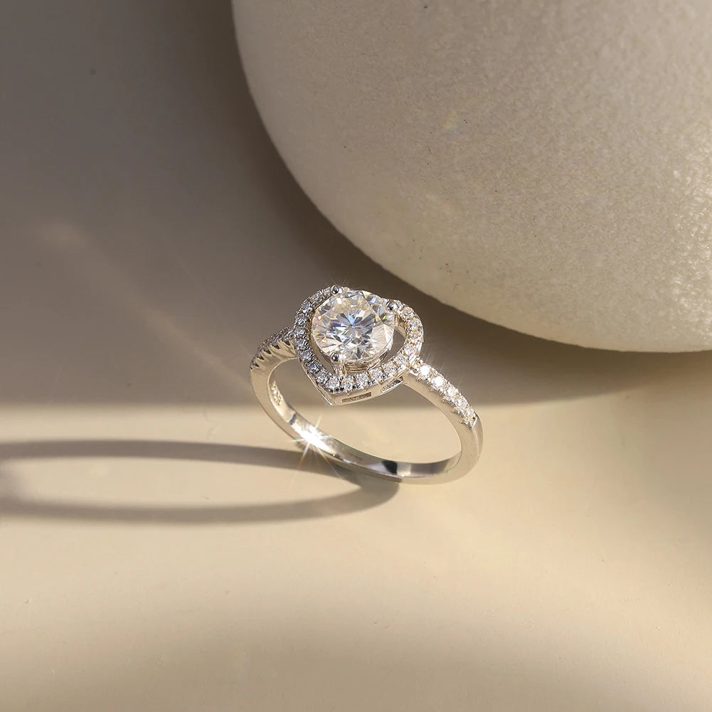 MOISSANITE ROUND BRILLIANT HALO HEART RING IN STERLING SILVER