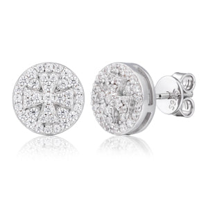 Pair of silver earrings with clear gemstones on a white background