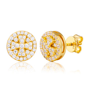 Gold earrings with diamond-like stones on a white background