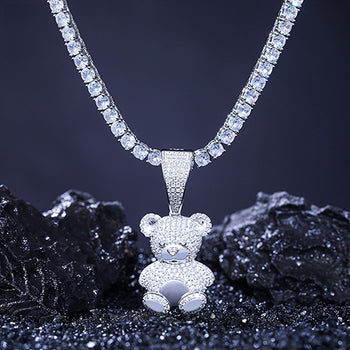 COLLIER PENDENTIF OURS EN OURS ET MISSANITE EN ARGENT MASSIF