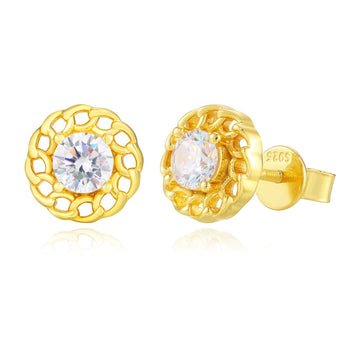 Gold earrings with clear gemstones on a white background