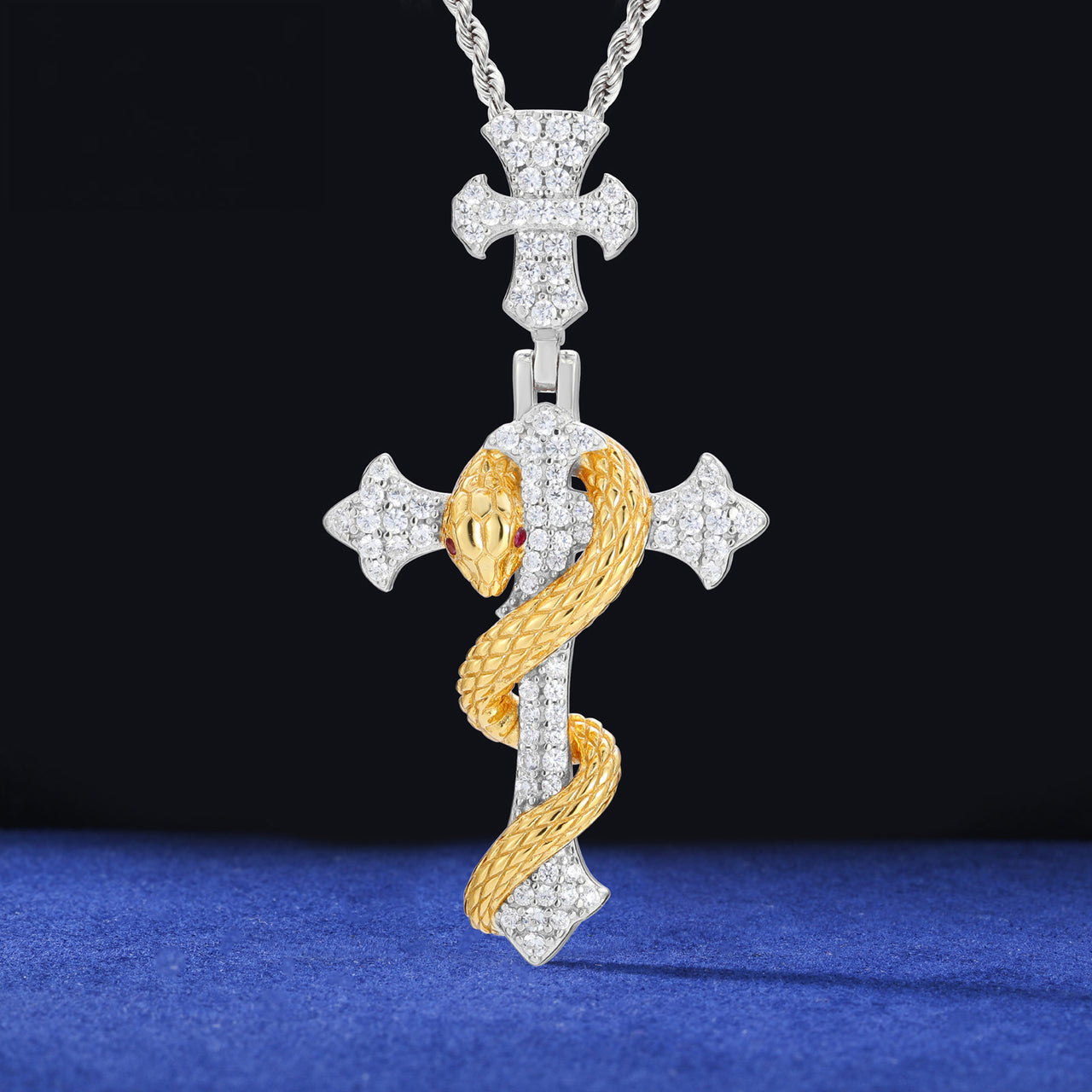 MOISSANITE TWO-TONE SNAKE CROSS STAFF PENDANT IN STERLING SILVER