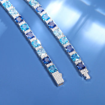 MOISSANITE DIAMOND AND BLUE PRINCESS CUT CZ CLUSTER TENNIS BRACELET IN STERLING SILVER - IVORY & EBONY