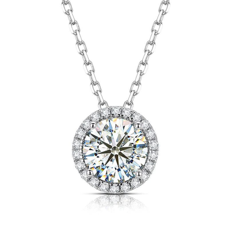 MOISSANITE DIAMOND HALO ETERNITY CHARM PENDANT NECKLACE FOR WOMEN IN STERLING SILVER