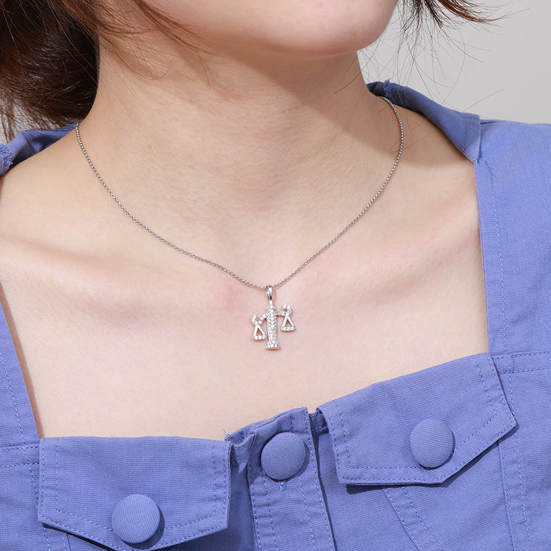 MOISSANITE DIAMOND BALANCE SCALE PENDANT NECKLACE IN STERLING SILVER WHITE GOLD