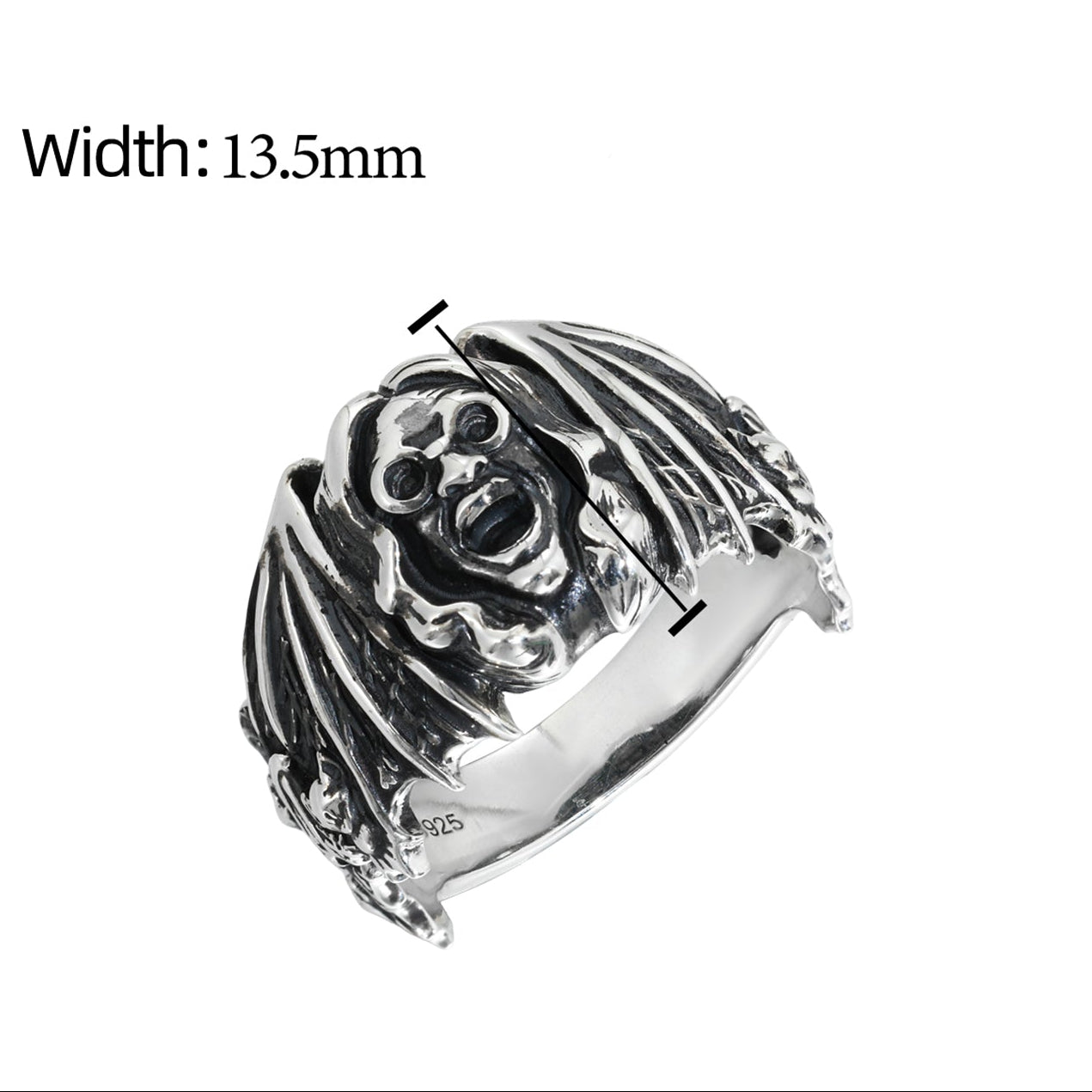 Silver ring with intricate design on a white background, featuring material, zircon, weight, and width information.