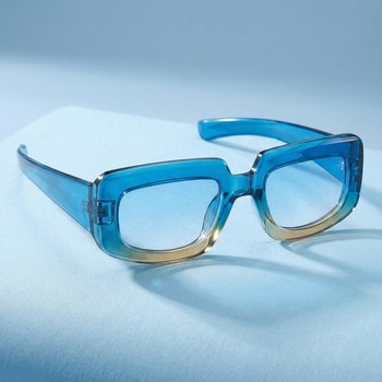 Blue gradient eyeglasses on a light blue background