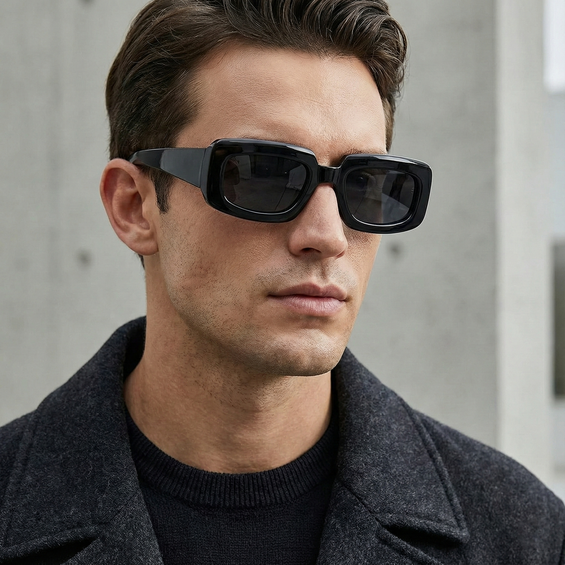 Man wearing black sunglasses and a dark coat against a neutral background