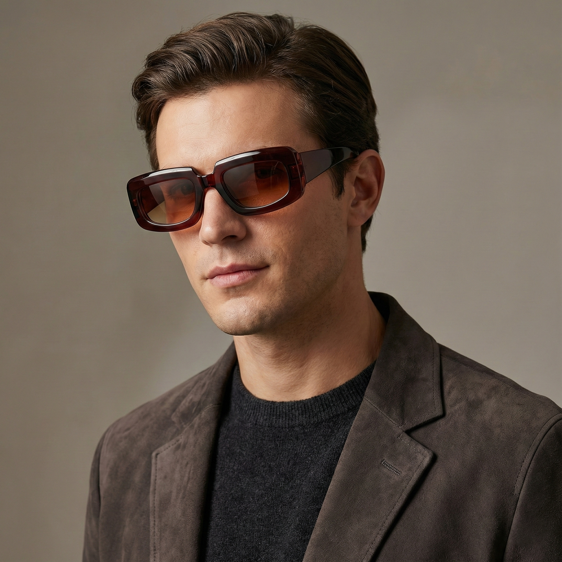 Man wearing sunglasses and a dark jacket against a neutral background