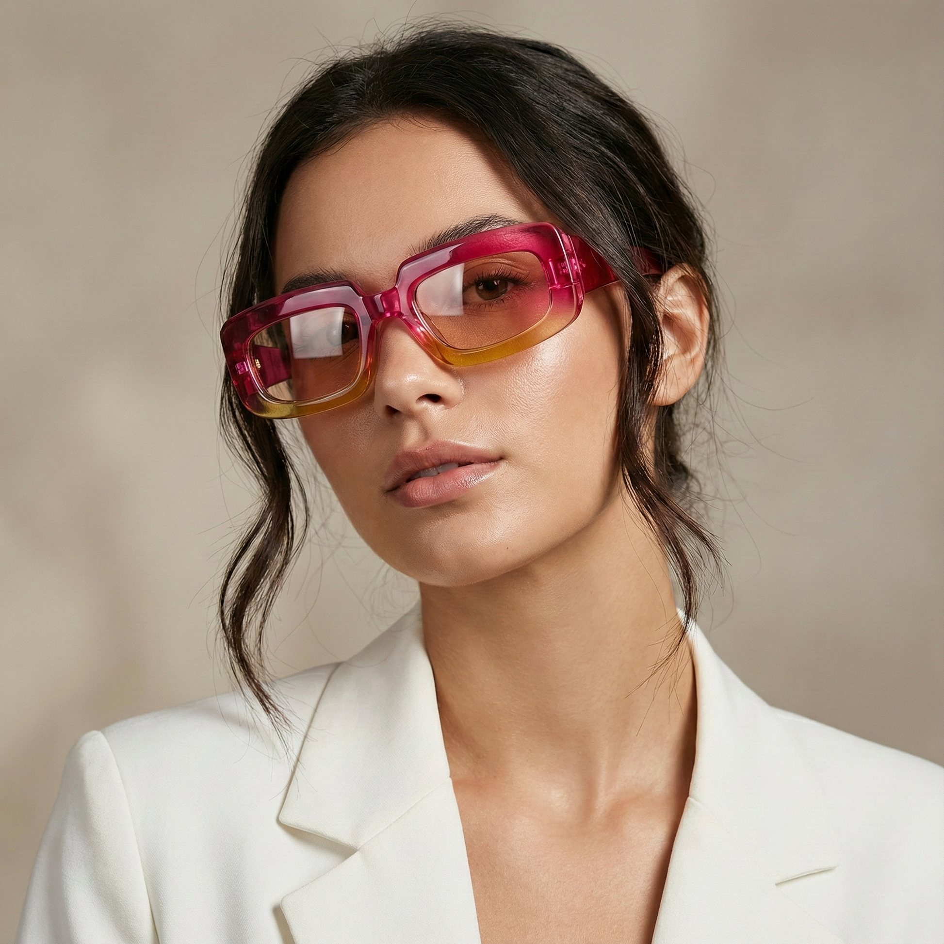 Woman wearing a white blazer and colorful sunglasses against a neutral background