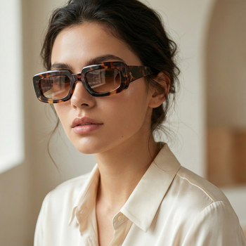 Woman wearing tortoiseshell sunglasses and a beige shirt indoors.