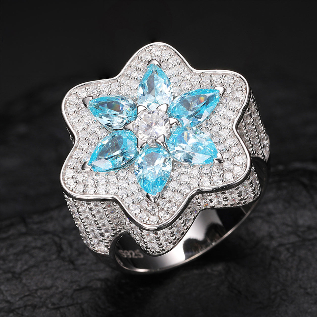 MOSSANITE DIAMOND PEAR CUT BLUE FLOWER RING IN STERLING SILVER