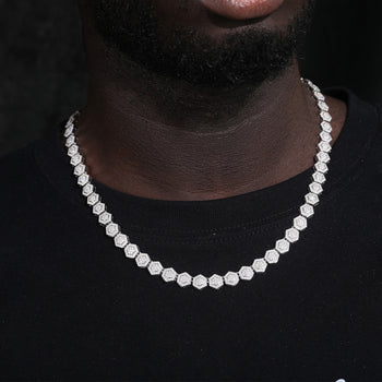 MOISSANITE DIAMOND ICED OUT HEXAGON LINK CHAIN OR BRACELET IN STERLING SILVER - IVORY & EBONY