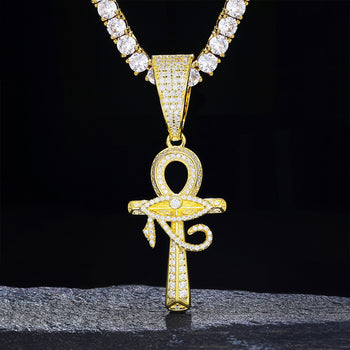 MOISSANITE DIAMOND EVIL EYE ANKH CROSS PENDANT IN STERLING SILVER - IVORY & EBONY