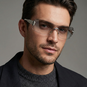 Man wearing a dark coat and gray sweater with a neutral background