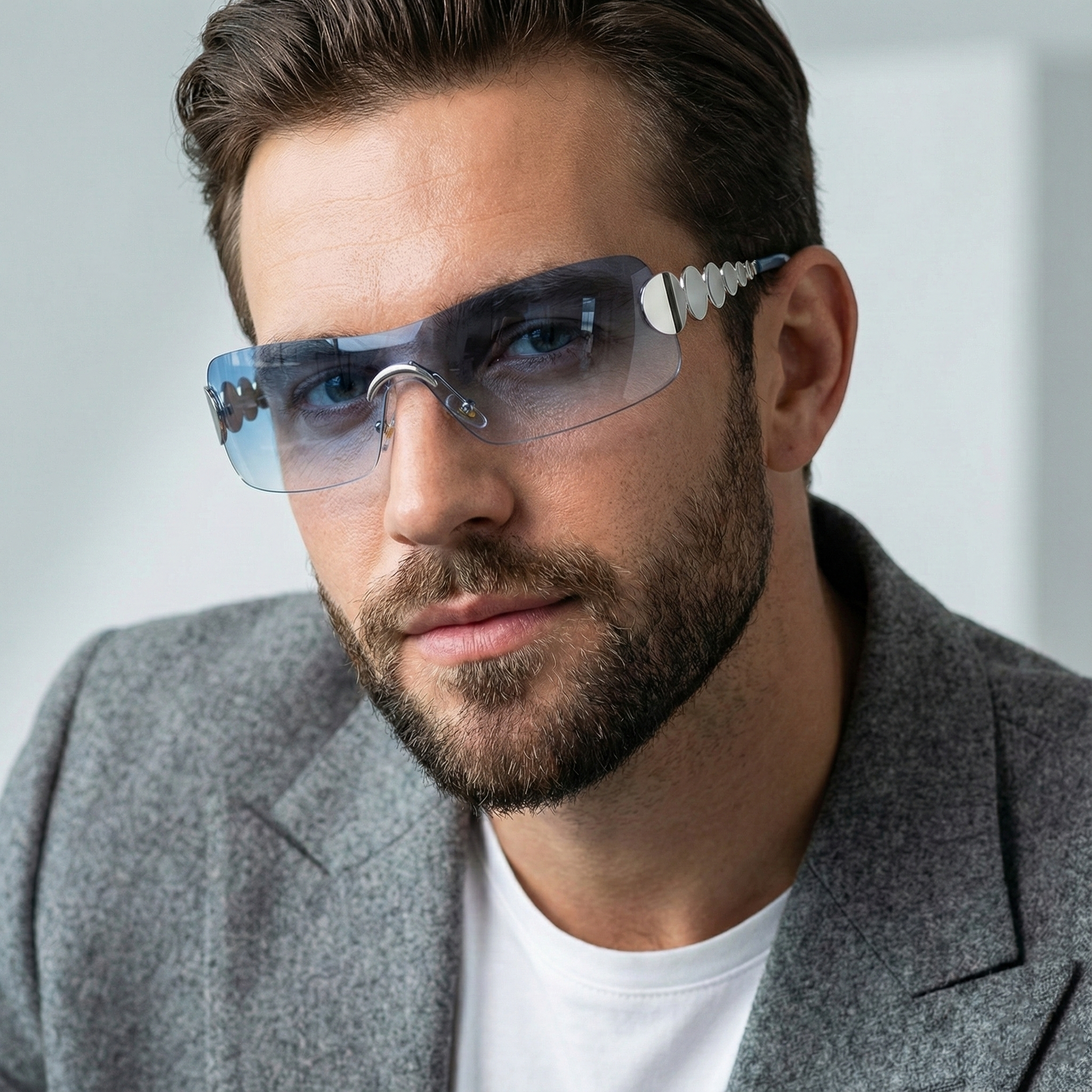 Man wearing futuristic glasses with a neutral background