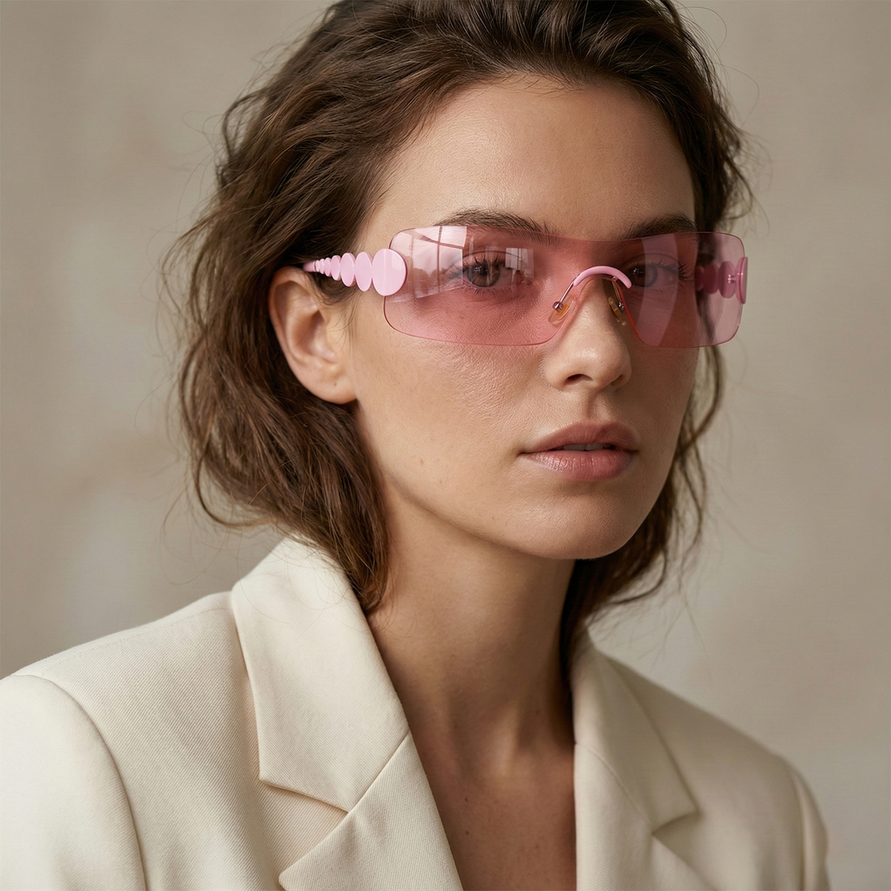 Woman wearing pink sunglasses with a neutral background