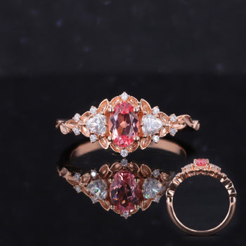 OVAL LAB GROWN PADPARADSCHA AND MOISSANITE RING IN 14K ROSE GOLD