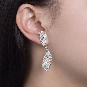 PEACOCK FEATHER MOISSANITE DROP EARRINGS IN STERLING SILVER